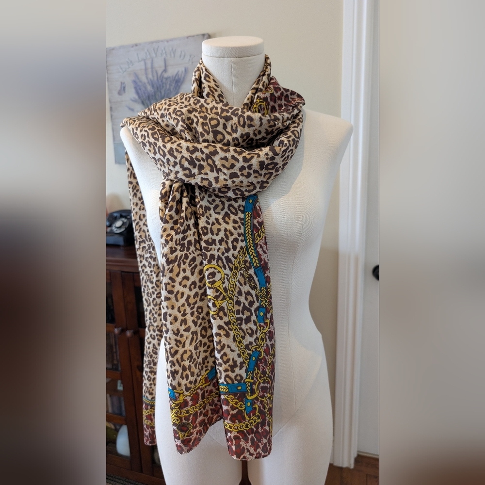 Y2K Leopard Chain Print Scarf Silk Blend Designer Inspired
